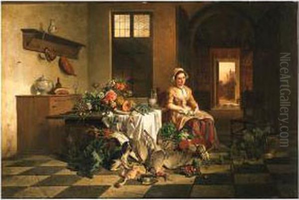 A Maid Seated In A Kitchen By A 
Table With Flowers, With Vegetablesand Dead Fowl In The Foreground Oil Painting by Noter David De