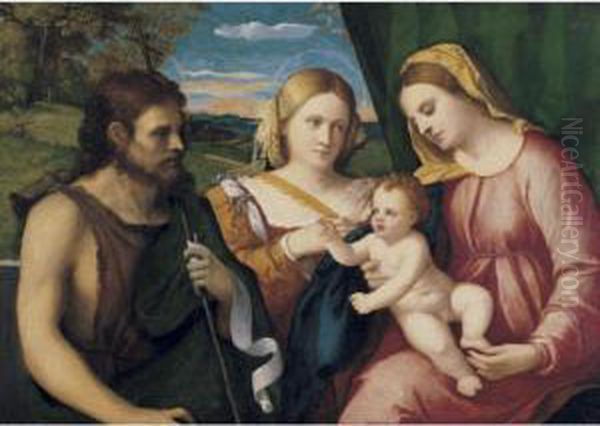 A 'sacra Conversazione': The 
Madonna And Child With Saints John The Baptist And A Female Saint 
(probably Saint Catherine) Oil Painting by Palma Vecchio (Jacopo Negretti)
