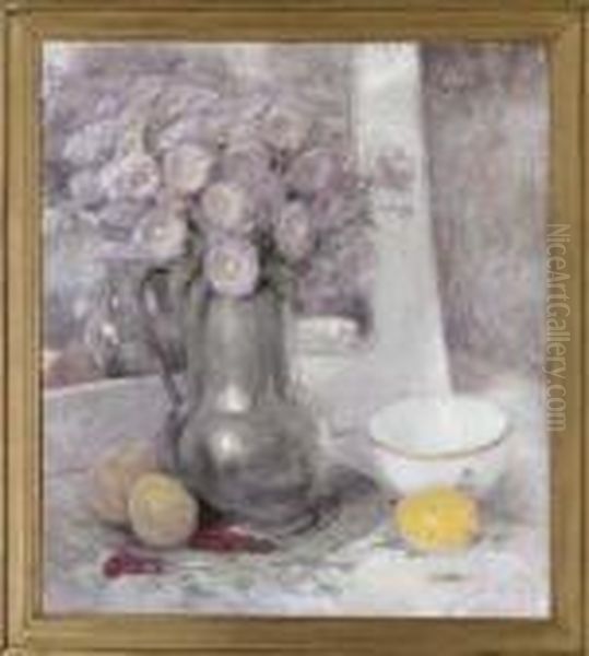 Daisies In A Pewter Jug With A Lemon, Peaches And Red Berries On A Table Oil Painting by Rene De Pauw