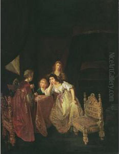 An Interior With A Maid Showing 
Pearls To Ladies, Another Maid Beyond And A Bed In The Background Oil Painting by Willem De Poorter