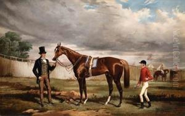 Sir Joseph Hawley's Teddington 
Held By His Trainer Alec Taylor Withthe Jockey Job Marson At Epsom Oil Painting by Alfred F. De Prades