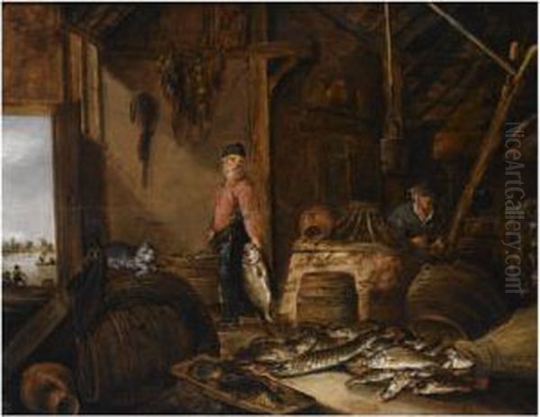 A Fisherman In His Barn With 
Fresh-water Fish, A Woman In The Background, A Cat Playing With A Fish 
On A Barrel In The Foreground Oil Painting by Pieter de Putter