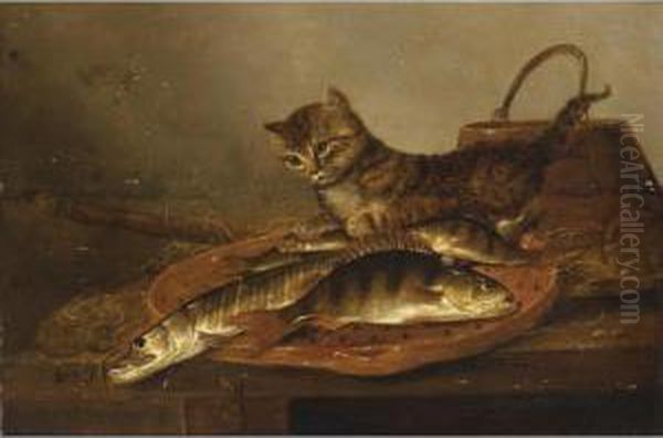 A Still Life With A Perch And A 
Pike On An Earthenware Dish, A Stick And A Wooden Bucket, Together With A
 Cat, All On A Wooden Table Oil Painting by Pieter de Putter