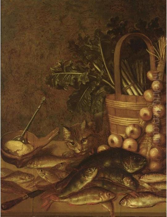 A Still Life With Fresh-water 
Fish, A Basket With Asparagus, Onions, Lettuce, A Knife And A Bowl With 
Butter And A Spoon, All On A Wooden Ledge Together With A Cat Oil Painting by Pieter de Putter