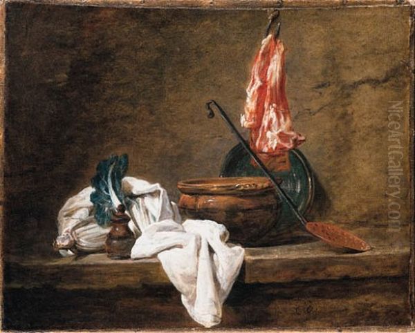 Leeks, a casserole with a cloth, a copper pot and cover, an onion and eggs with a pestle and mortar, on a stone ledge Oil Painting by Jean-Baptiste-Simeon Chardin
