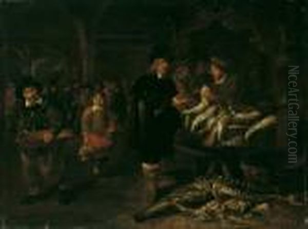 Beim Fischhandler. Ol Auf Holz 
(parkettiert). H 50; B 67 Cm. Pieter De Putter War Auf Stilleben Mit 
Fischen Spezialisiert. Die Von Ihm Dargestellten Fischbanke Und 
Kuchenraume Staffierte Er Mit Genreartig Aufgefasten Fischverkaufern Und
 Magden. Oil Painting by Pieter de Putter