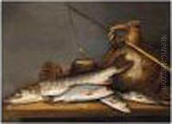 A Still Life With A Pike And A 
Perch Together With A Stoneware Jug And A Fishing Line On A Table Oil Painting by Pieter de Putter