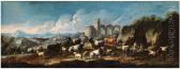 Hirten Mit Einer Rinderherde 
Unddazwischen Stehenden Schafen In Idealer Landschaft Vor Einerburgruine Oil Painting by Gaetano De Rosa