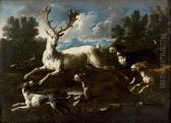 Paesaggio Con
Scena Di Caccia Con Un Cervo, Cani E Cacciatori Sullo 
Sfondo Oil Painting by Gaetano De Rosa
