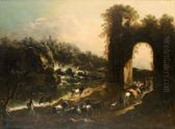 An Italianate Landscape With 
Drovers And Cattle On A Path Beneath A Ruined Arch, A Waterfall Beyond Oil Painting by Gaetano De Rosa