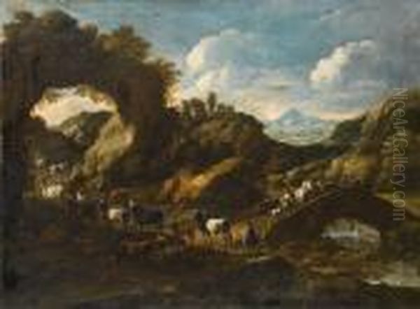 A Rocky River Landscape With A 
Drover And Hisflock On A Country Path And Travellers Crossing A Bridge Oil Painting by Gaetano De Rosa