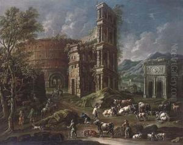 A Mountainous Landscape With 
Herdsmen And Travellers With A Capriccio Of The Colosseum And Other 
Ruins Oil Painting by Gaetano De Rosa