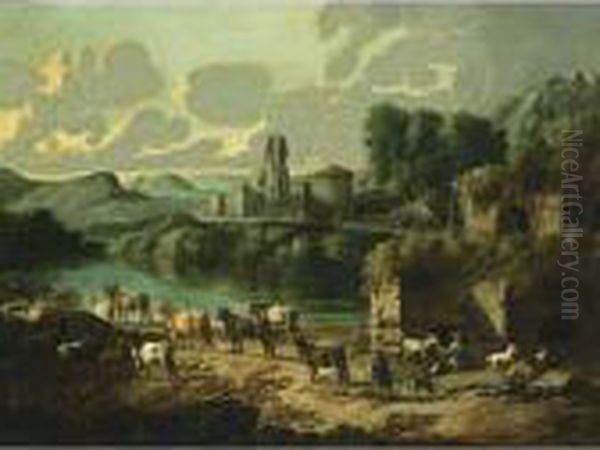 An Italianate River Landscape 
With Shepherds And Their Flock Resting, The Ruins Of A Town Beyond Oil Painting by Gaetano De Rosa