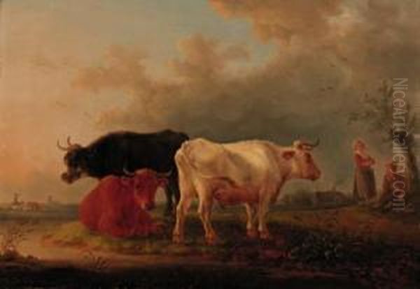 Cattle On A River Bank, Drovers 
Conversing Beyond; And Cattle Andsheep On A River Bank, A Farmstead, 
Shepherd And Travellerbeyond Oil Painting by Jean-Baptiste De Roy