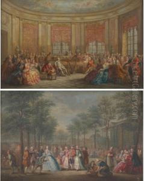 Scenes De Rejouissances Dans Un 
 Parc Et Dans Un Interieur Oil Painting by Gabriel De Saint Aubin