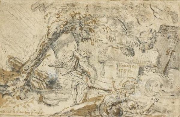 Le Tremblement De Terre De 
Lisbonne En 1755 : Des Figures Fuyant Sous La Chute D'une Maison Oil Painting by Gabriel De Saint Aubin