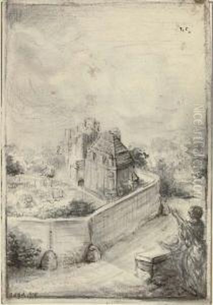 A Woman And A Young Child 
Looking Towards A Walled House (recto); An Architectural Study (verso) Oil Painting by Gabriel De Saint Aubin