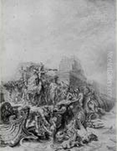 Barbarie De Caligula, Qui Fait 
Precipiter Dans La Mer, A Pouzolles, Le Peuple Que Le Spectacle De Son 
Triomphe Y Avait Attire Oil Painting by Gabriel De Saint Aubin