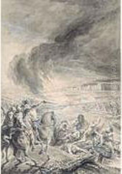 La Victoire De Tarquin L'ancien 
Sur Les Sabins Et Les Etrusques Par L'incendie Du Pont De Bateaux Qui 
Les Joignait Oil Painting by Gabriel De Saint Aubin