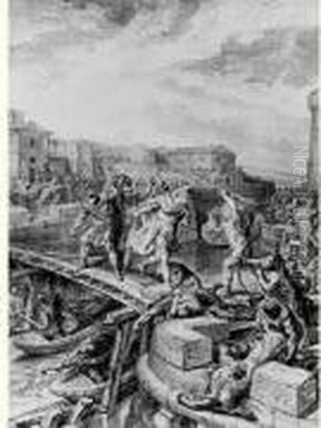 La Defense Du Pont De Rome Par Horatius Cocles Et Deux Autres Guerriers Intrepides Oil Painting by Gabriel De Saint Aubin