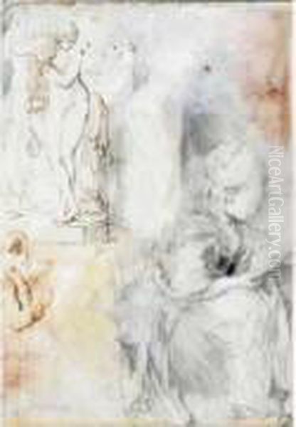 Feuille D'etude Comprenant : La
 Venus Naissante De Pfaff De Face Et De Profil, Croquis De Sculpture, 
Femme Assise De Profil A Droite Lisant, Jeune Homme Dessinant Oil Painting by Gabriel De Saint Aubin