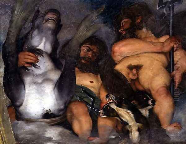 Allegory of the Elements, the Universe and Signs of the Zodiac, detail of Neptune and Triton with Cerberus, the three-headed dog, 1597 (detail) Oil Painting by Caravaggio