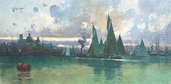Vista De Puerto De Montevideo Oil Painting by Carlos Maria De Santiago