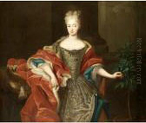 Portrait Of A Lady, 
Three-quarter Length, Wearing An Embroidered Dress And An Ermine Lined 
Red Cloak Oil Painting by Louis de Silvestre