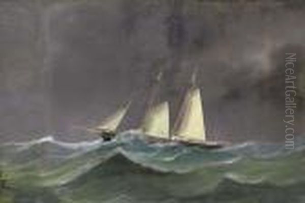 A Racing Schooner Under Reduced Sail At Sea Oil Painting by A. De Simone