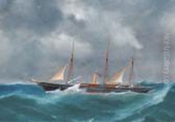 The Schooner-rigged Steam Yacht Catarina At Sea Oil Painting by A. De Simone