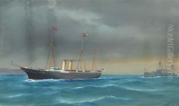 The Royal Yacht Victoria & 
Albert Under Escort In The Mediterranean By H.m.s. Cochrane Oil Painting by A. De Simone