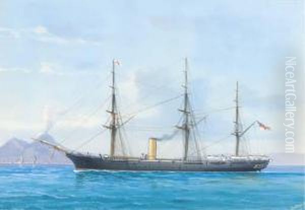 A British Naval Corvette Under 
Steam In The Bay Of Naples: And A British Naval Corvette At Sea Oil Painting by A. De Simone