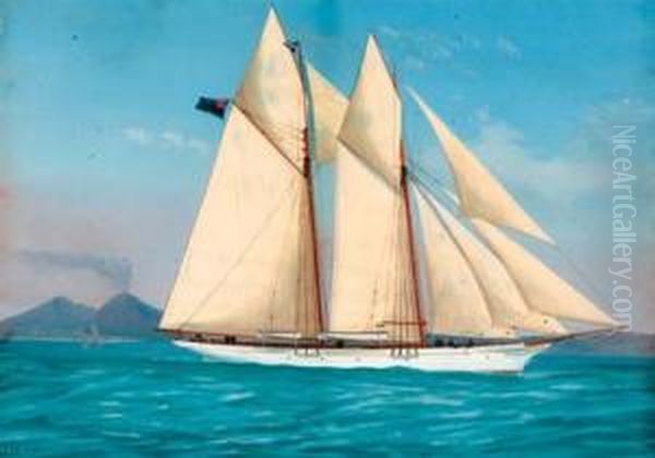 The Royal Thames Yacht Club Schooner Aphrodite In The Bay Ofnaples Oil Painting by A. De Simone