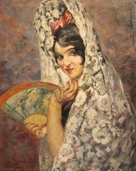 Ragazza Con Ventaglio Oil Painting by Michele De Simone