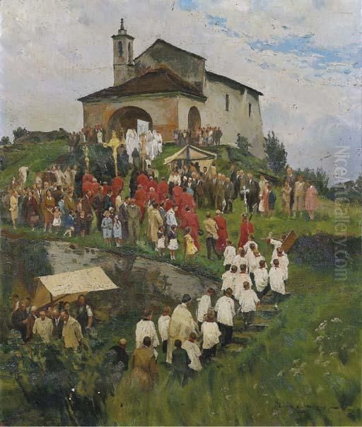 Processione Di S. Giovanni Ad Isola Comiccina Oil Painting by Michele De Simone