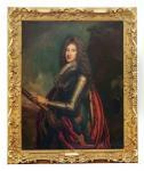 Portrait Of An Officer, Possibly
 James Fitzjames, Duke Of Berwick , Three-quarter-length, In Armour With
 The Garter Ribbon, An Ermine Lined Cloak, A Sash Around His Waist, 
Holding Baton In His Right Hand, A Plumed Helmet On A Rock To His Right,
 In Oil Painting by Francois de Troy