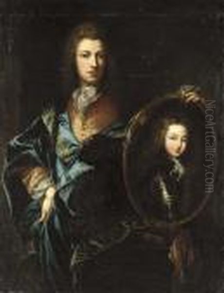 Portrait Of A Gentleman, 
Three-quarter-length, In A Pink Jacket And A Blue Cloak, His Left Hand 
Resting On An Oval Portrait Of Louis Xv As A Boy Oil Painting by Francois de Troy