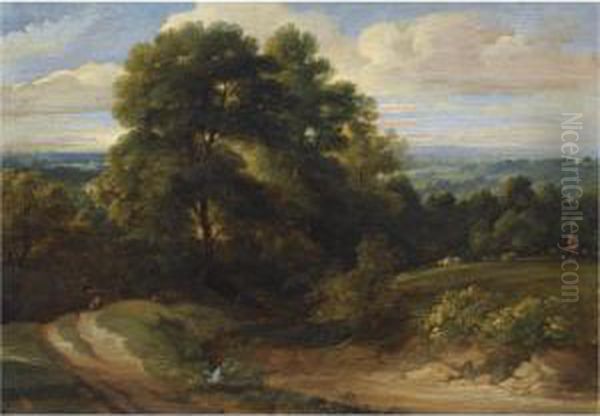 A Wooded Dune Landscape With A 
Shepherd Herding His Flock And A Traveller On A Path, A View Of A Town 
Beyond Oil Painting by Lodewijk De Vadder