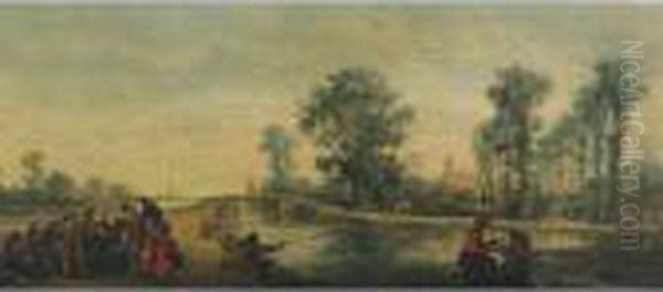 River Landscape With Elegant 
Figures Conversing While A Piper Plays And Townsfolk Promenade On The 
Opposite Shore Oil Painting by Lodewijk De Vadder
