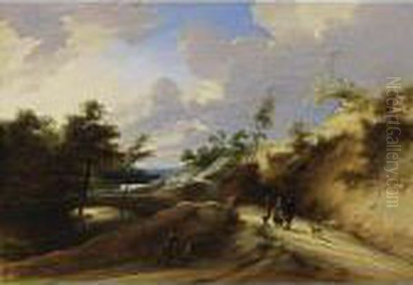 A Wooded Dune Landscape With 
Peasants Conversing On A Path, A Dog On The Side, Near A Pond Oil Painting by Lodewijk De Vadder