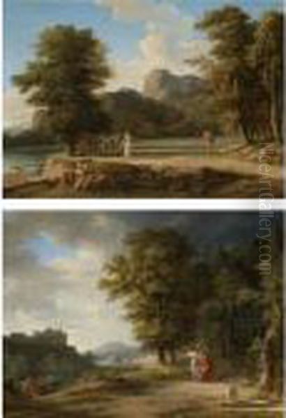 A Classical Landscape With A 
View Of Colonus, The Eumenides Temple On Mount Citheron, Oedipus And His
 Daughter Antigone Begging The Villagers Who Want To Expel Them From 
Their Sacred Ground;
 A Classical Landscape With Ulysses Imploring The Assista Oil Painting by Pierre-Henri de Valenciennes