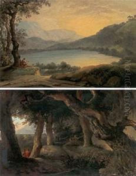 A View Of Lake Nemi With A 
Piping Shepherd And A Wooded Landscape With A Deer And Two Figures 
Conversing Before A Distant Town: A Pair Of Paintings Oil Painting by Pierre-Henri de Valenciennes
