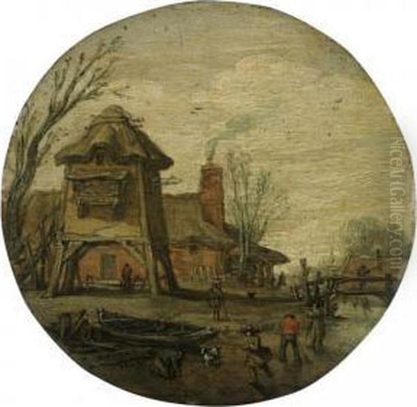 Winter Landscape With Figures 
Skating And Playing Kolf On A Frozen River 
Before A Large Dovecote And A Cottage Oil Painting by Esaias Van De Velde