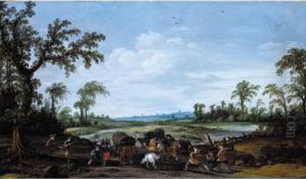 Bandits Attacking A Caravan Of Travellers Oil Painting by Esaias Van De Velde