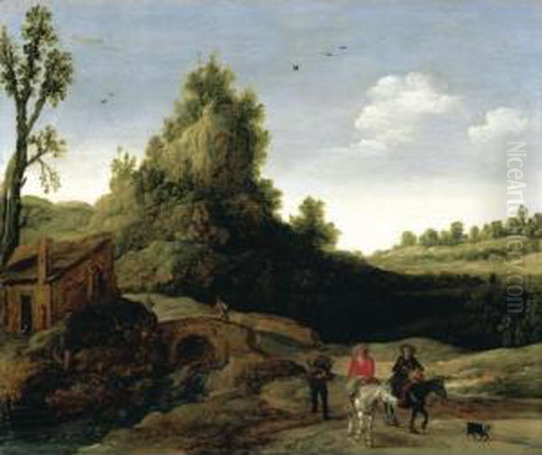 Landscape With Travellers 
Crossing A Bridge Before A Small Dwelling, Horsemen In The Foreground Oil Painting by Esaias Van De Velde
