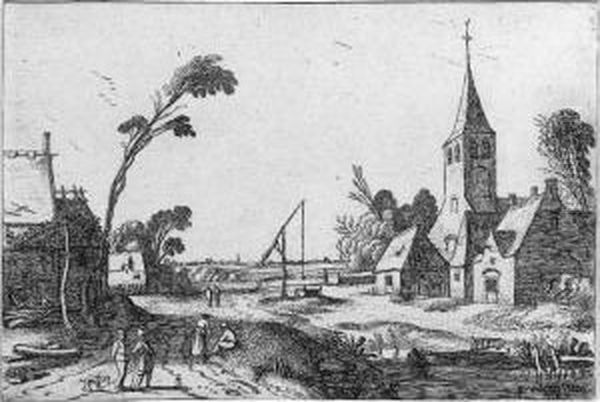 Landscape With A Village (holl. 41) Oil Painting by Esaias Van De Velde