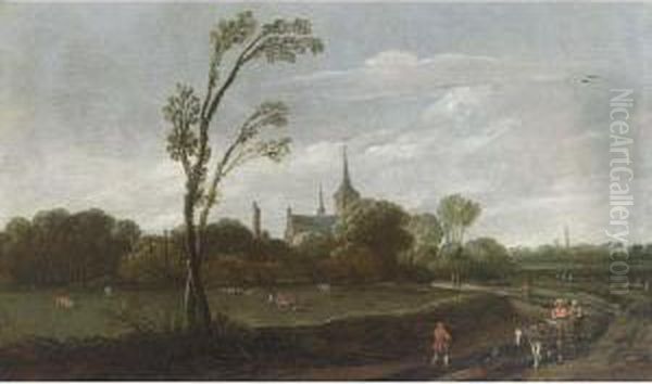 A Wooded Landscape With A 
Horse-drawn Cart, A View Of A Village With A Church Tower Beyond Oil Painting by Esaias Van De Velde