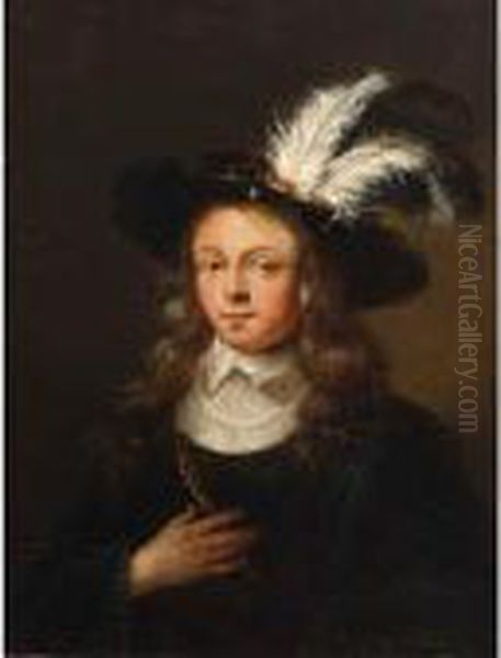 A Portrait Of A Young Man, Bust 
Length, Wearing A Black Coat With White Collar And A Feathered Hat Oil Painting by Arie de Vois