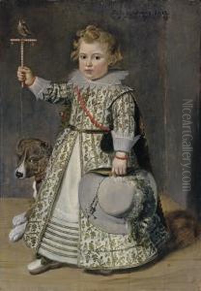 Portrait Of Boy Aged Two, 
Full-length, In A White Embroidered Dress Decorated With Acorns, Holding
 A Perch With A Finch In His Right Hand, With A Dog Oil Painting by Cornelis De Vos