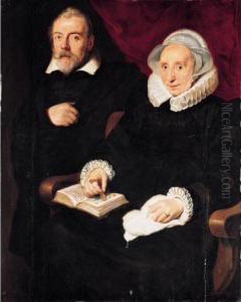 A Portrait Of Elisabeth Mertens,
 Seated Three-quarter Length Wearing Black With A White Ruff And Cape, 
And A Posthumous Portrait Of Her Late Husband, The Painter Frans 
Francken The Elder, Standing Next To Her Oil Painting by Cornelis De Vos